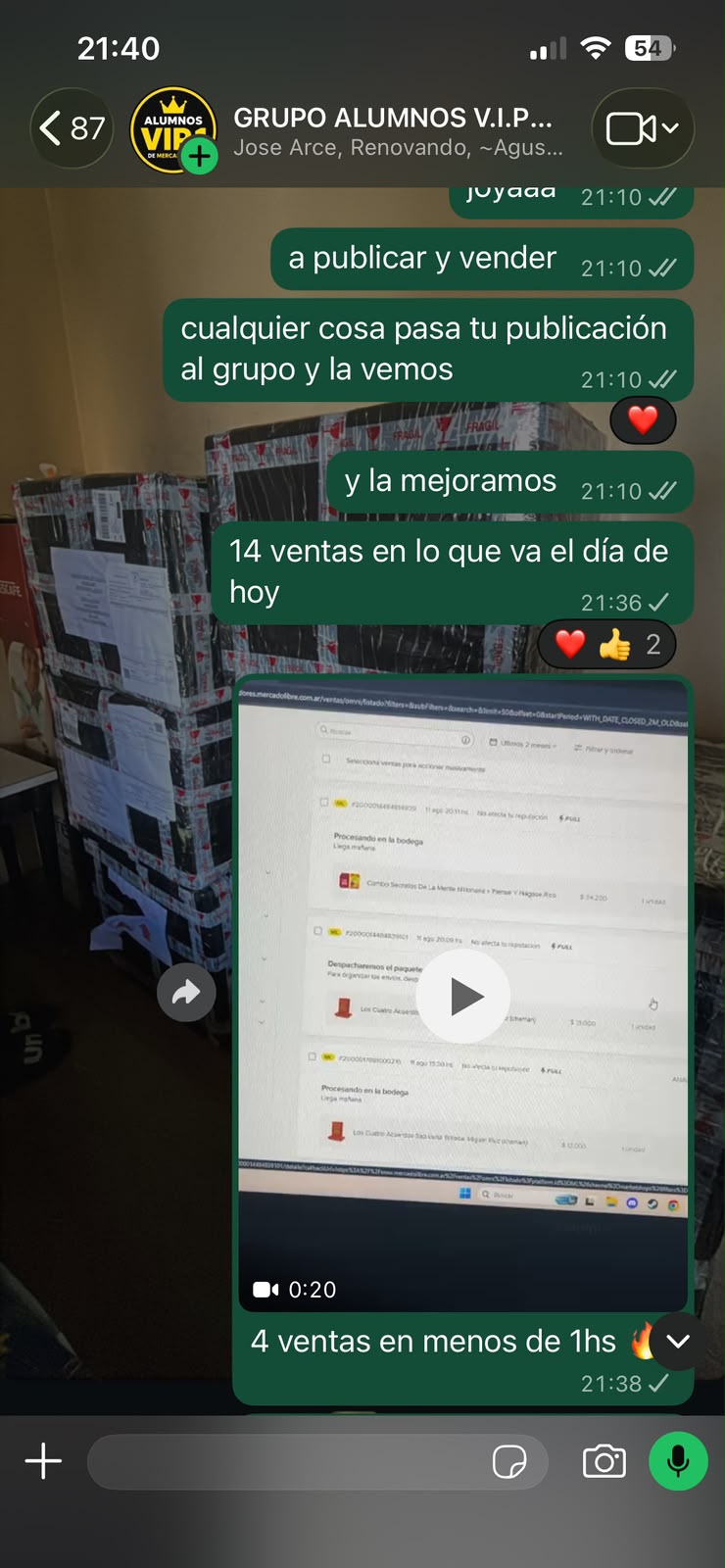 Alumno del grupo VIP compartiendo sus ventas en Mercado Libre, captura 5 de 9